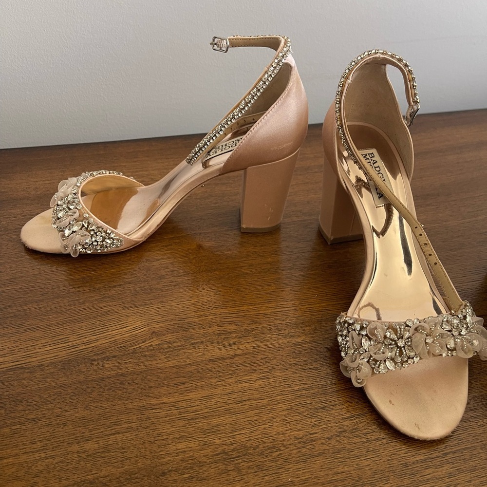 Badgley Mischka Beaded Ankle-Strap Block Heels - Blush